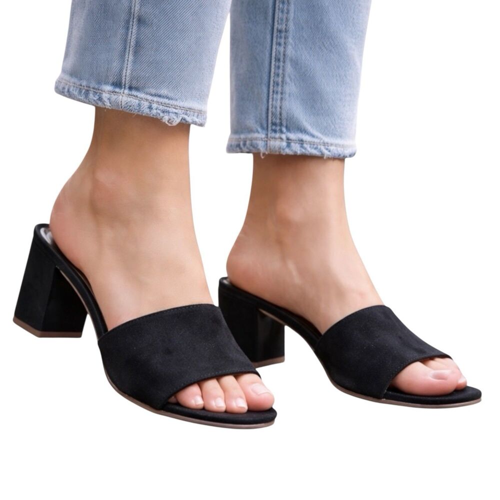 J Crew Black Suede Block Heel Open Toe‎ Slip On Minimalist Heeled Mules